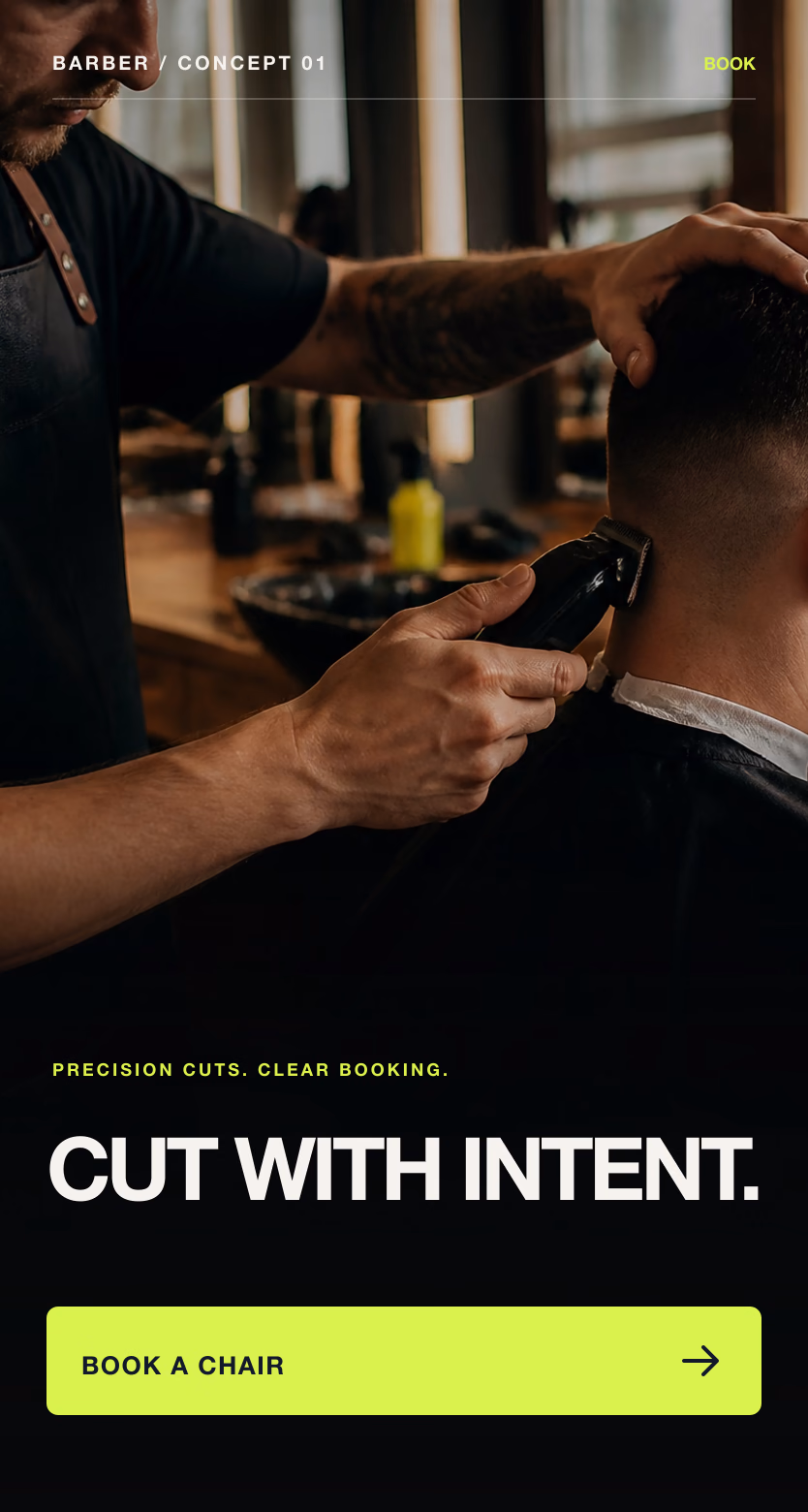 Barber website concept shown on mobile